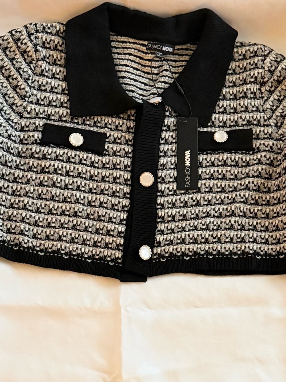 Fashion Nova Black & White Tweed Collared Cardigan with Pearl Buttons